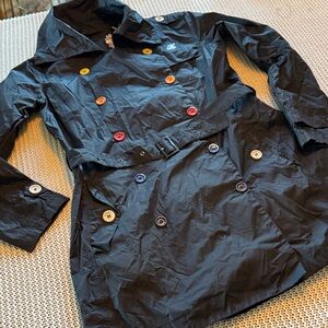 K-Way Belted Trench Rain Jacket Black Multicolor Buttons Size M